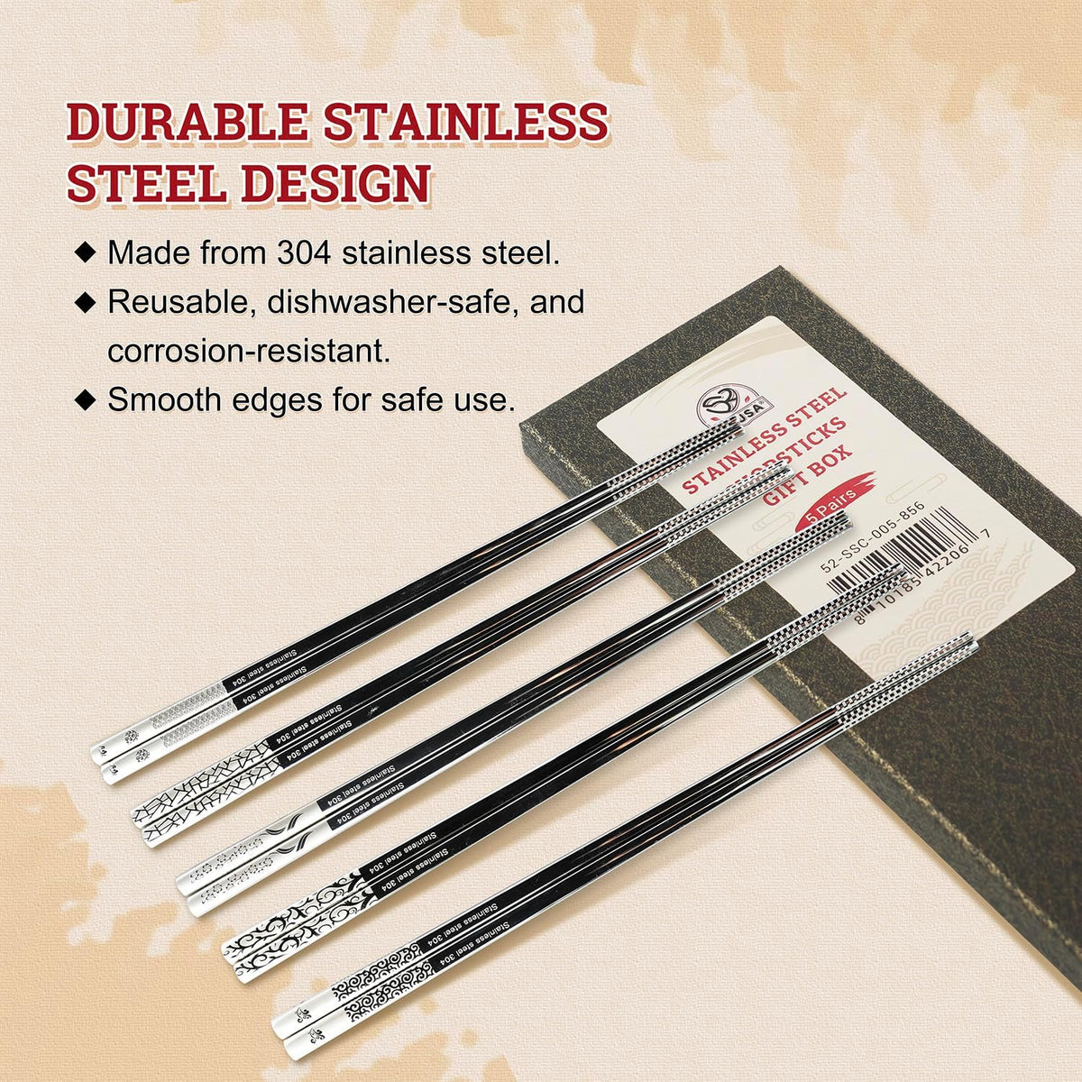 52USA Stainless Steel Chopsticks Gift Box, 5 Pairs – Reusable, Dishwasher Safe, Non-Slip Design, Ideal for Sushi, Noodles, and Everyday Dining