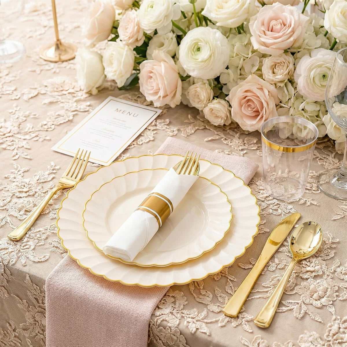 YOUBET 350PCS Ivory Scalloped Plastic Plates for Wedding Party