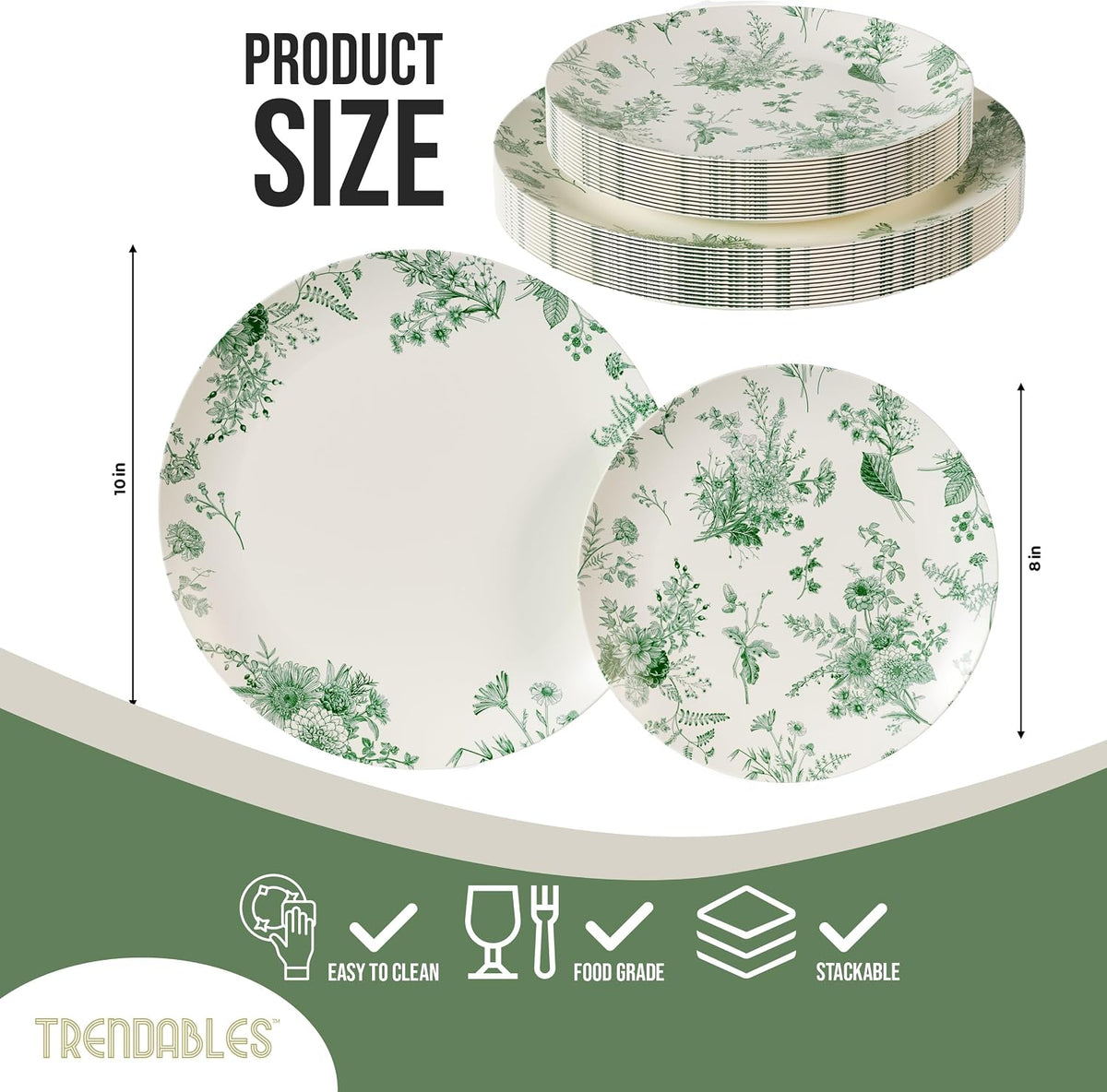 Trendables 80 Piece Plastic Disposable Plates Set for 40 Guests I 40 X 8 Inch Dessert Plates & 40 X 10 Inch Wedding Party Plates | Ivory & Green Verdure Design
