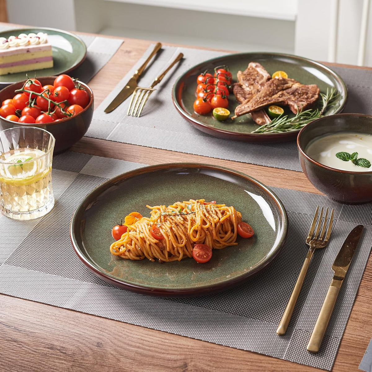 Pokini Stoneware Dinnerware Sets for 4, 12pcs Plates and Bowls Sets Dishes