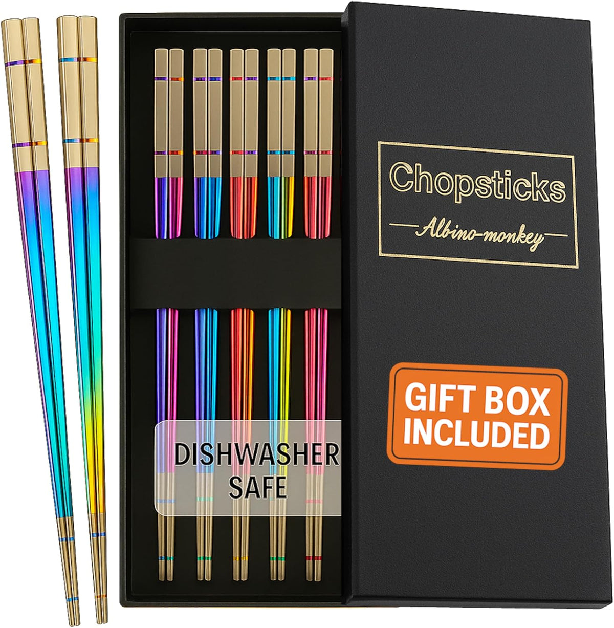 Albino Monkey Rainbow Metal Chopsticks Reusable Stainless Steel (5 Pairs)