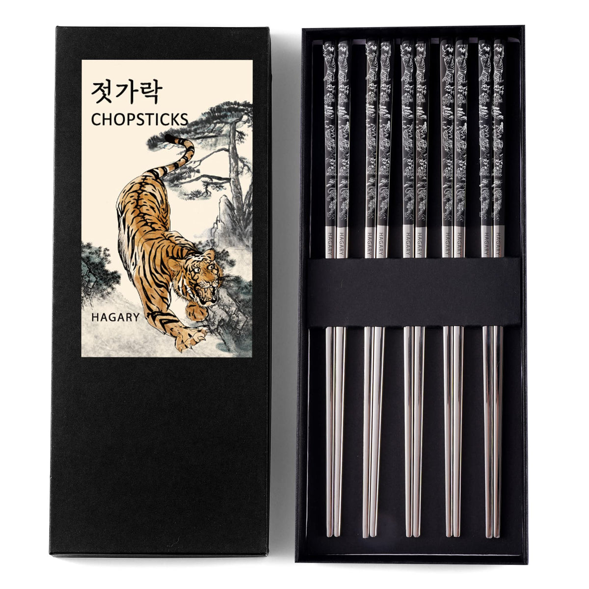Hagary Tiger Chopsticks Metal Chopsticks Reusable (Gold - 2 Pairs)