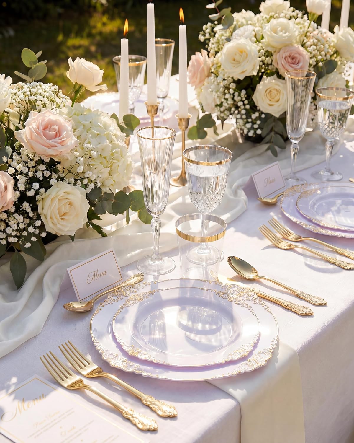 Nervure 200Pcs White Gold Plastic Plates, Disposable Plates for 100 Guests