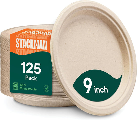 100% Compostable Paper Plates, Heavy Duty Disposable Plates [125-Pack] 9 Inch Plates - Eco-Friendly, Biodegradable Sugarcane Bagasse, Natural Unbleached Brown 9" Dinner Paper Plate Disposable