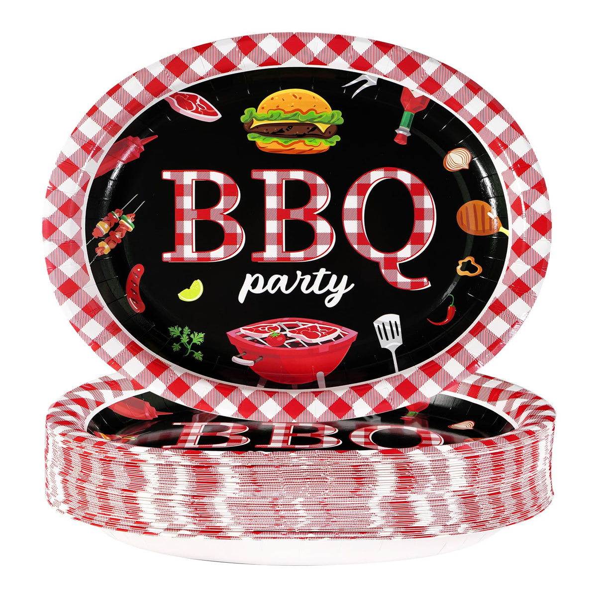 50Pcs Gingham Oval Paper Plates 10" x 12" Large Disposable Heavy Duty Red and White Buffalo Checked Plaid Dessert Platter Sturdy Plates for Fall Pizza Picnic BBQ Baby Shower Birthday Party Supplies