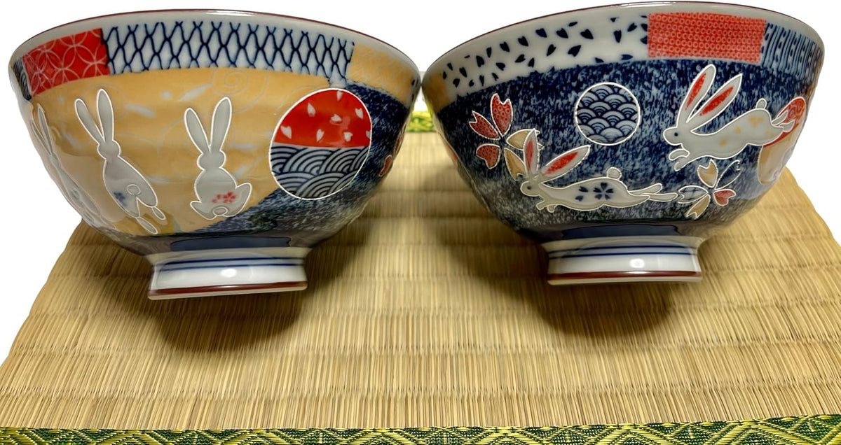 Japanese Mino Ware Ceramic Rice Bowl Set, 4.84 Inches Diameter x H2.56 Inches, 13.3 Fluid Ounces Set of 2 from Japan (Rabbits and Flowers Design)