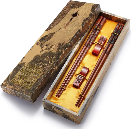 Chopstick Reusable Chinese Dragon and Phoenix Chopsticks with Holder and Carrying Bag Chinese Traditional Stylish Set（2 Pairs）