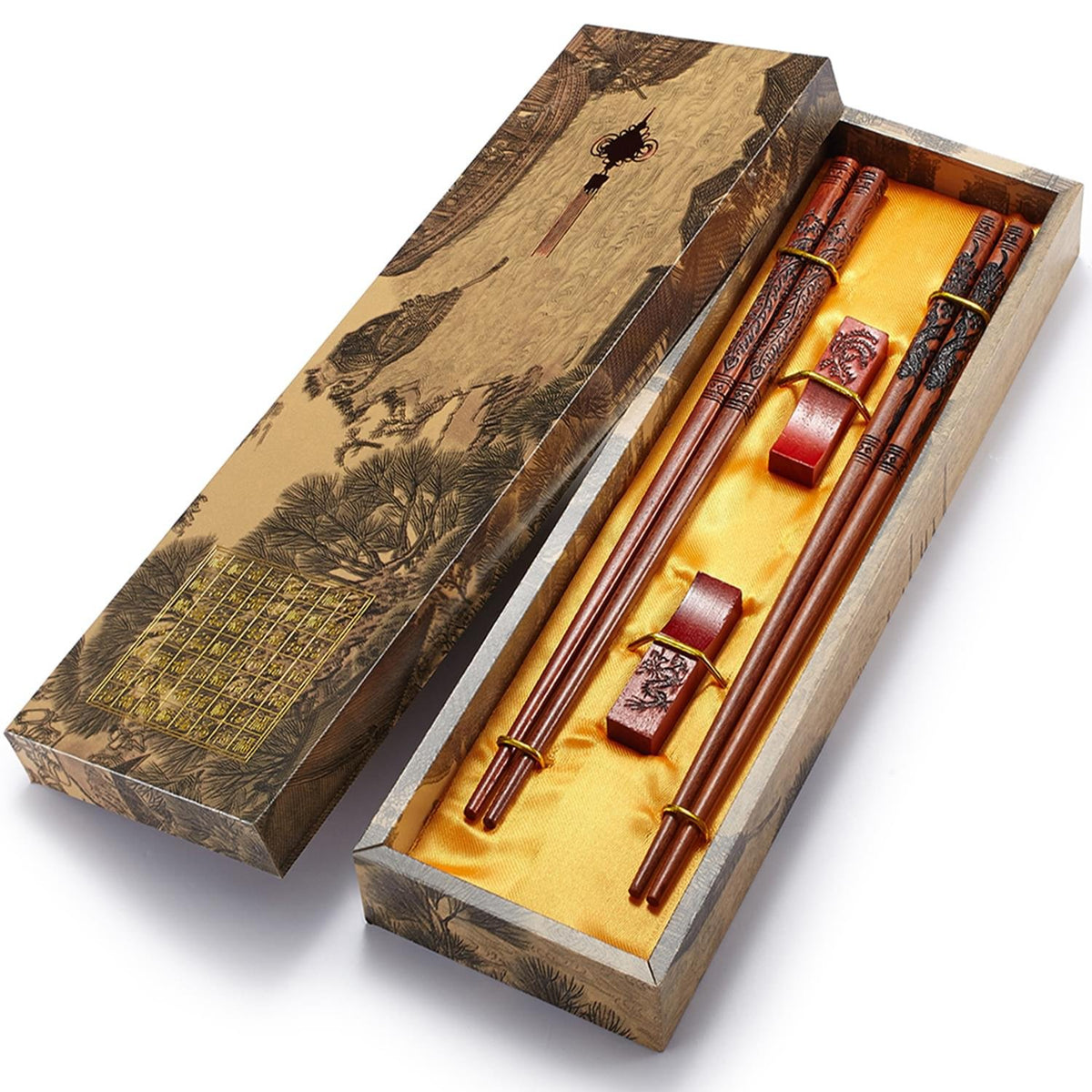 Chopstick Reusable Chinese Dragon and Phoenix Chopsticks with Holder and Carrying Bag Chinese Traditional Stylish Set（2 Pairs）