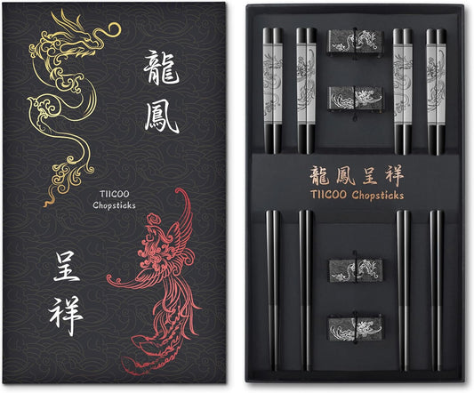 Dragon & Phoenix Stainless Steel Chopsticks Set - 4 Pairs 18/8 (304) Metal Chopsticks with Holder - Chinese Traditional Gift Set, Non-Slip, Dishwasher Safe, Elegant Black Gift Box