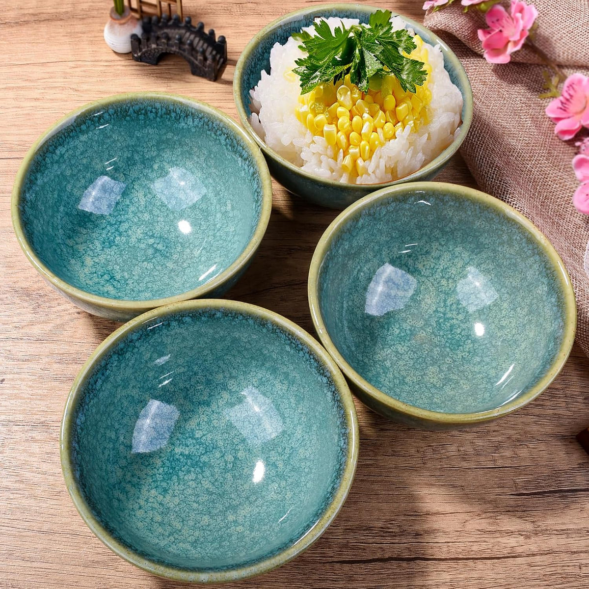 Porcelain Rice Bowl Set of 4, 4.5'' Green Reactive Glaze Sushi Bowls