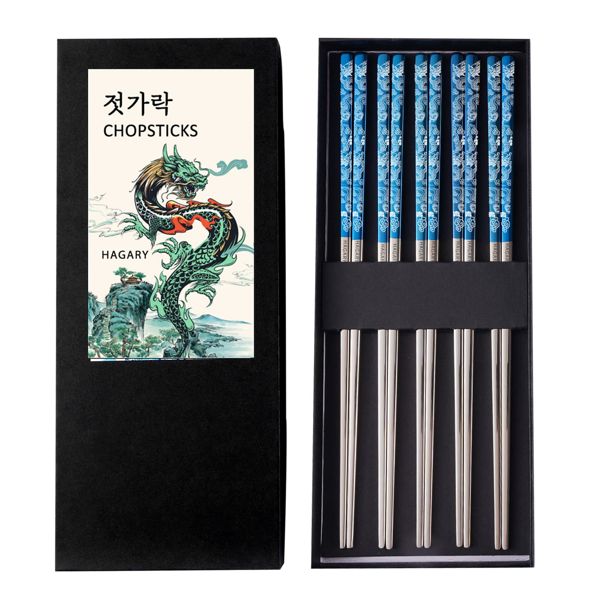 Hagary Dragon Chopsticks Metal Reusable Designed In Korea Japanese Style Stainless Steel 316 18/10 Non-Slip Dishwasher Safe Laser Etched (Gold - 5 Pairs)
