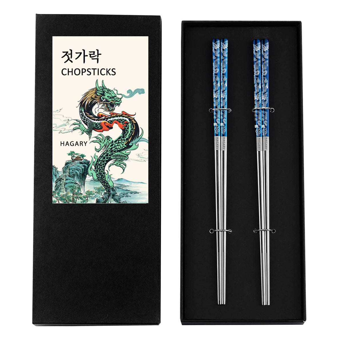 Hagary Dragon Chopsticks Metal Reusable Designed In Korea Japanese Style Stainless Steel 316 18/10 Non-Slip Dishwasher Safe Laser Etched (Gold - 5 Pairs)