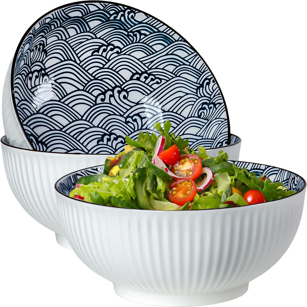 QINLANG 60 oz Large Soup Bowl, Pho Bowls, Japanese Ramen Bowls Set of 3, 8 in Blue and White Porcelain Big Bowls for Eating - 3 Mixing Patterns