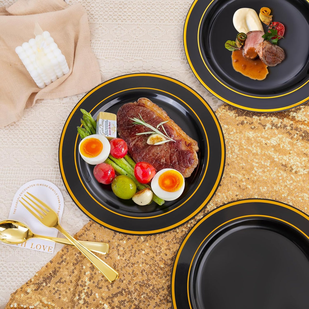 bUCLA 100 Pieces Black and Gold Plastic Dinner Plates - 10.25 inch Black Disposable Plates with Gold Rim - Ideal for Party, Graduation & New Year