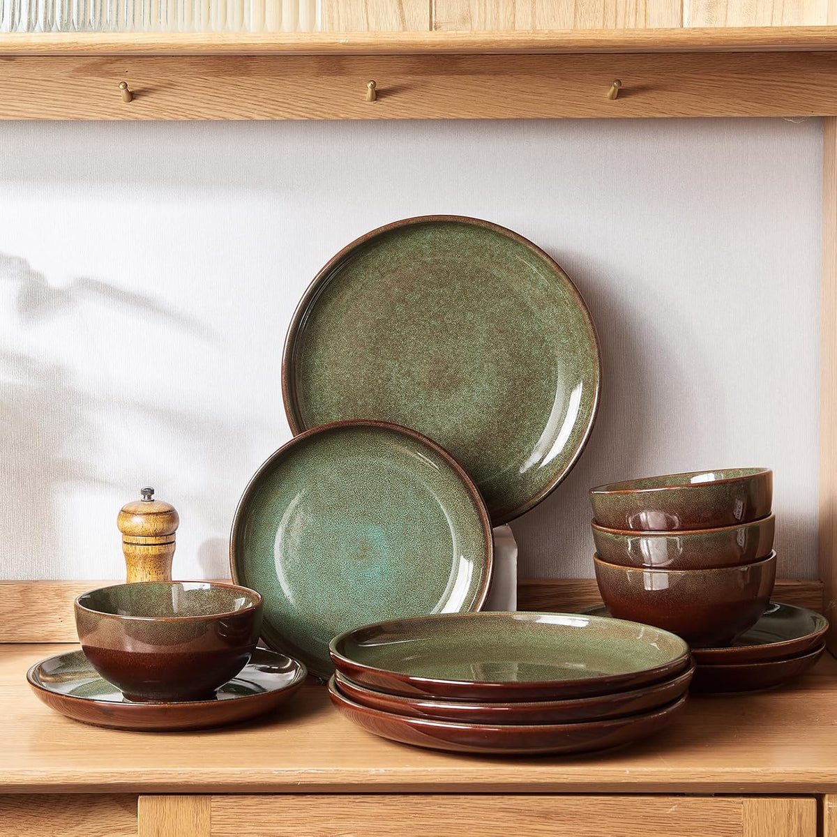 Pokini Stoneware Dinnerware Sets for 4, 12pcs Plates and Bowls Sets Dishes