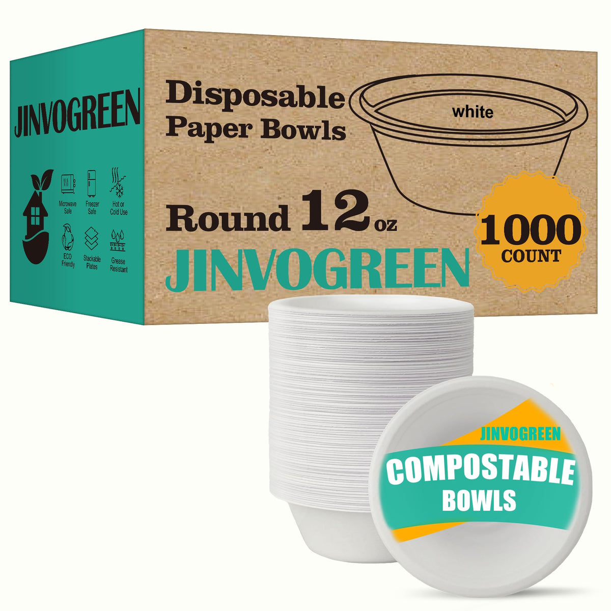 JINVOGREEN Paper Bowls, 500 Count 12 oz Compostable Paper Bowls Bulk, White