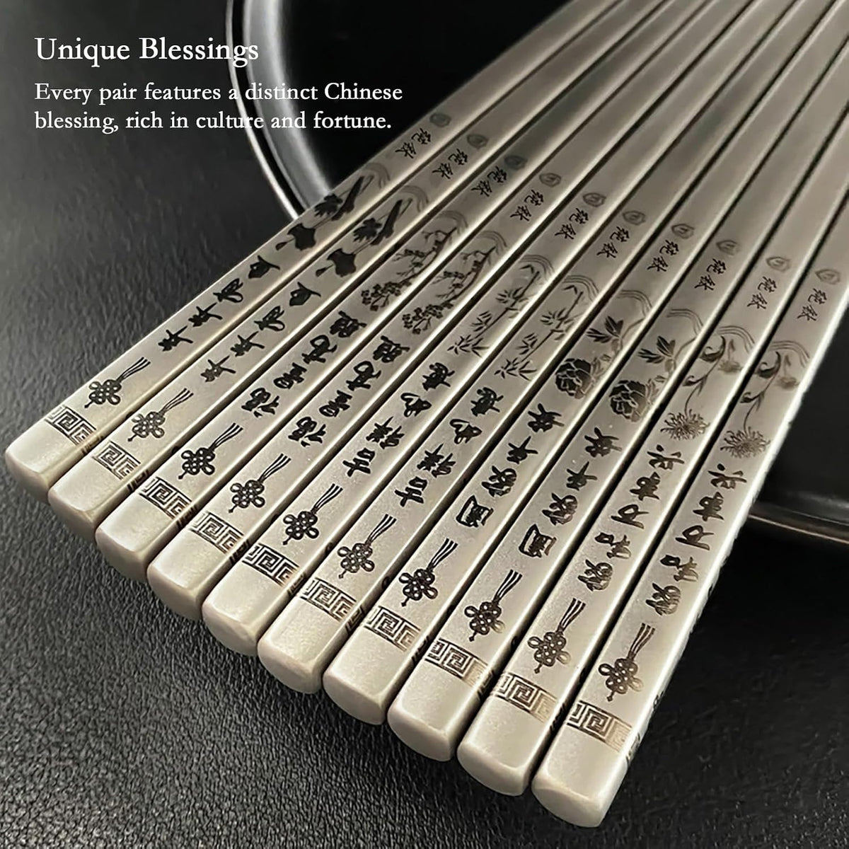 ‌Trekio Pure Titanium Chopsticks, 5 Pairs - Ultralight, Heat-Resistant & Non-Slip Design with Chinese Blessings | Elegant Gift Box for Asian Family & Food Lovers (9.17 Inches)