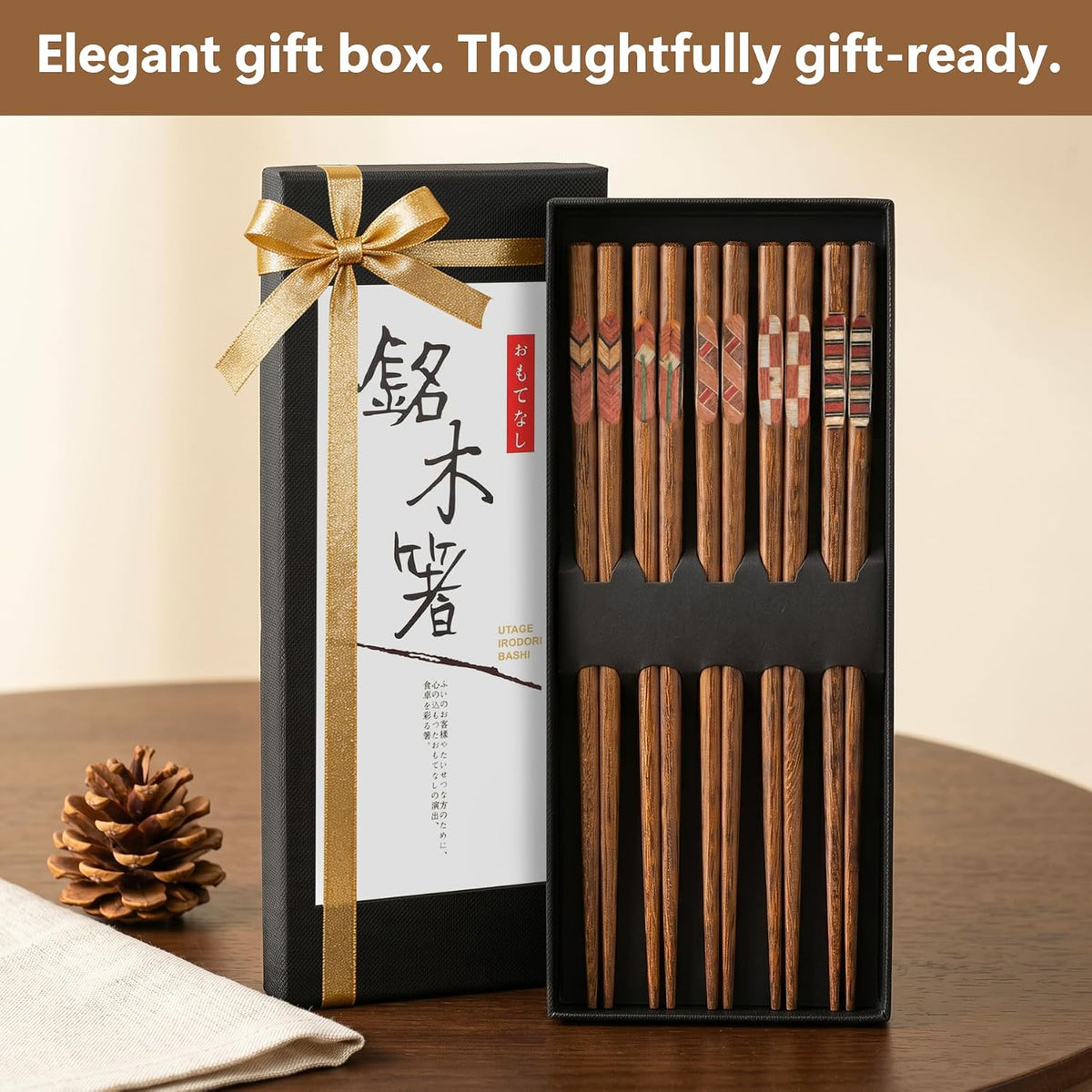 Antner 5 Pairs Wooden Chopsticks Reusable Japanese Hardwood Chop Sticks