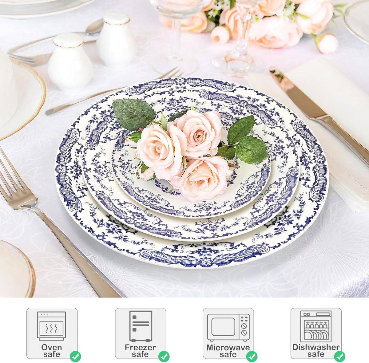 Dinner Plates Set of 6, 10.5 inch Blue Rose Floral Plate
