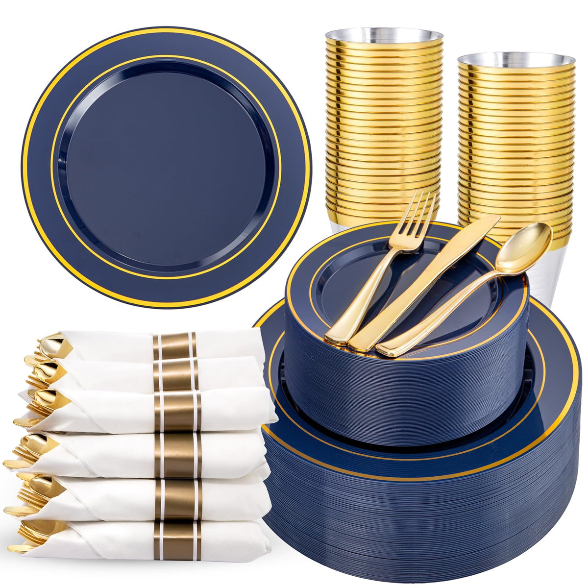 WDF Partyware 350Piece Gold Dinnerware Set for 50 Guests - Gold Plastic Plates with Disposable Cutlery - 50Dinner Plates-50Dessert Plates-50Pre Rolled Napkins with Silverware for Wedding/Birthday