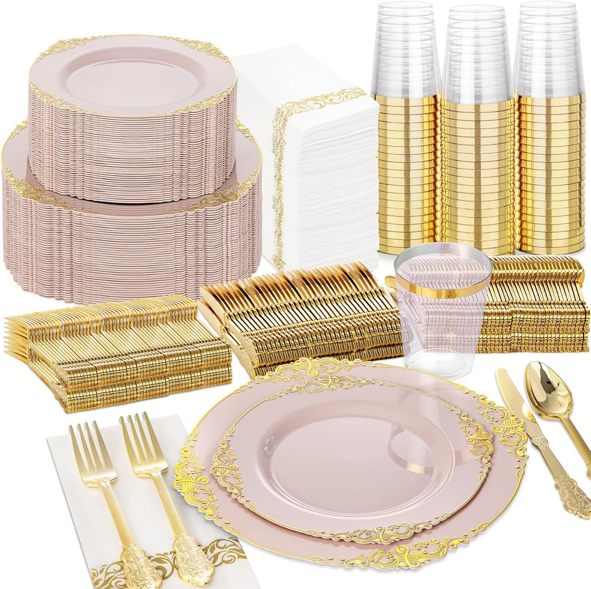 Nervure 350Pcs Gold Plastic Plates, Disposable Dinnerware Set for 50 Guests