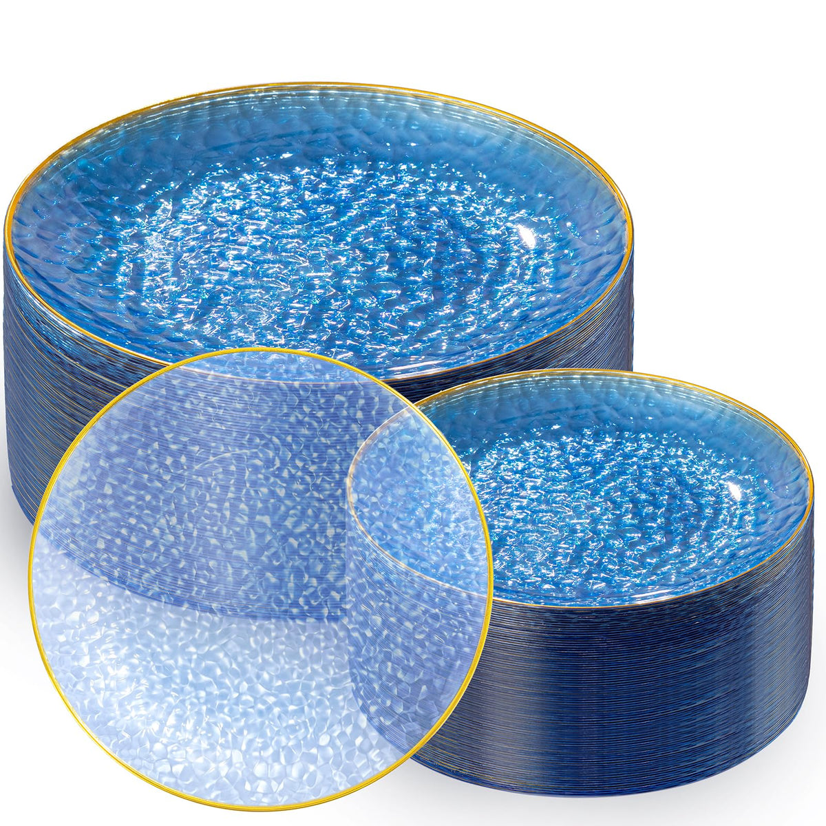 Rubtlamp 100Pcs Clear Gold Plastic Plates, Disposable Plates With Gold Rim, Heavy-duty Party Platos, Hammered Plastic Plates Include 50 Clear Dessert Plates, 50 Dinner Plates for Party