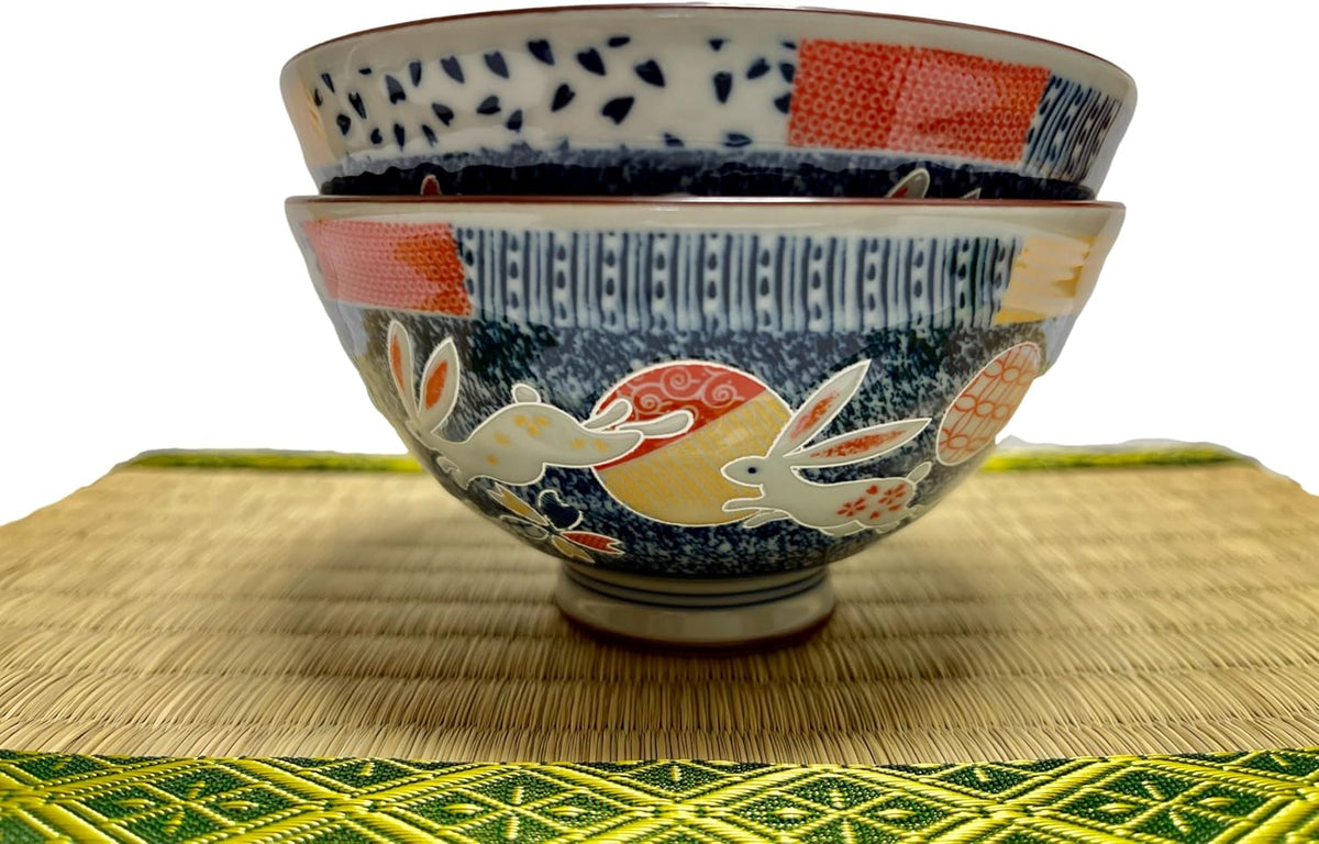 Japanese Mino Ware Ceramic Rice Bowl Set, 4.84 Inches Diameter x H2.56 Inches, 13.3 Fluid Ounces Set of 2 from Japan (Rabbits and Flowers Design)