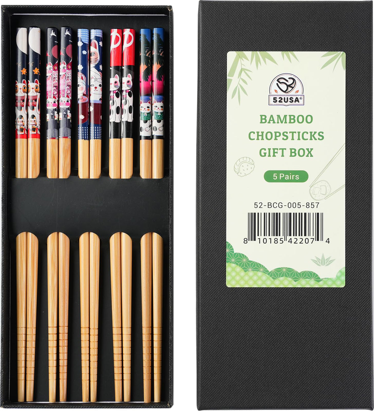52USA Stainless Steel Chopsticks Gift Box, 5 Pairs – Reusable, Dishwasher Safe, Non-Slip Design, Ideal for Sushi, Noodles, and Everyday Dining
