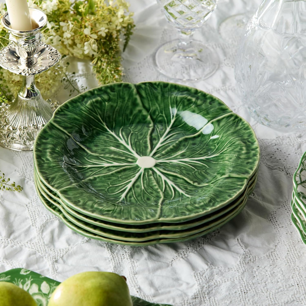 Le Jardin Green Cabbage Plates 3D SALAD/DESSERT PLATES, SET OF FOUR - 9" Sculpted Green Stoneware Leaf Plates – Seasonal Spring & Summer Tableware for Fresh, Nature-Inspired Dining