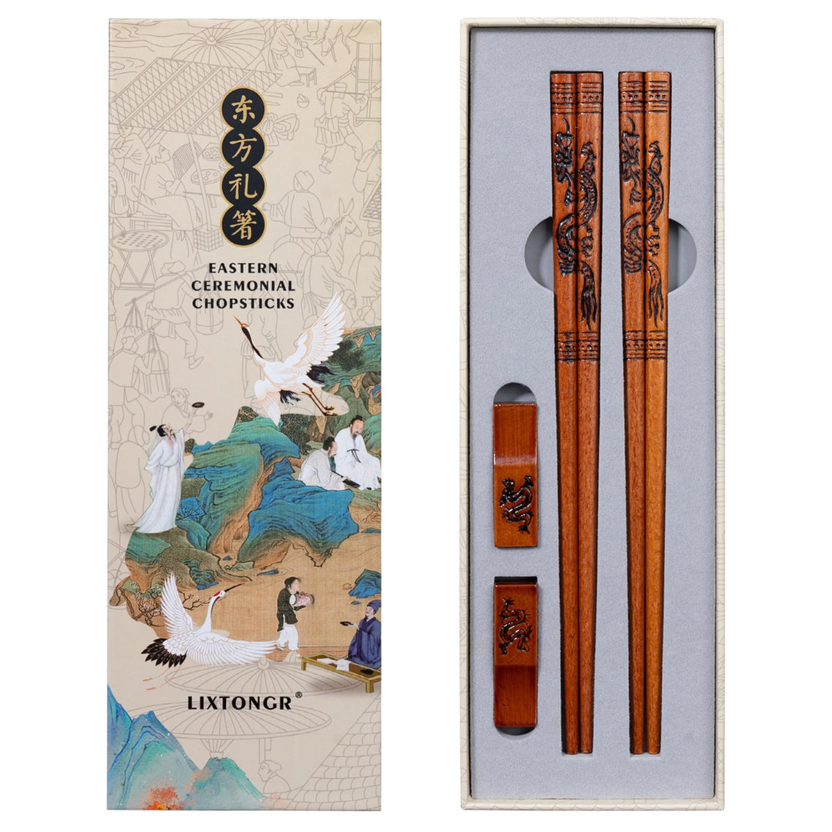 Dragon & Phoenix Beech Wood Chopsticks Set, 2 Pairs