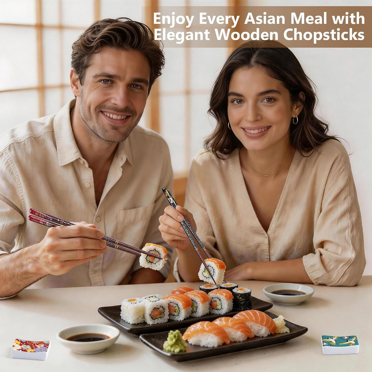 Antner 2 Pairs Reusable Wooden Chopsticks with 2PCS Ceramic Rests Set, 9in