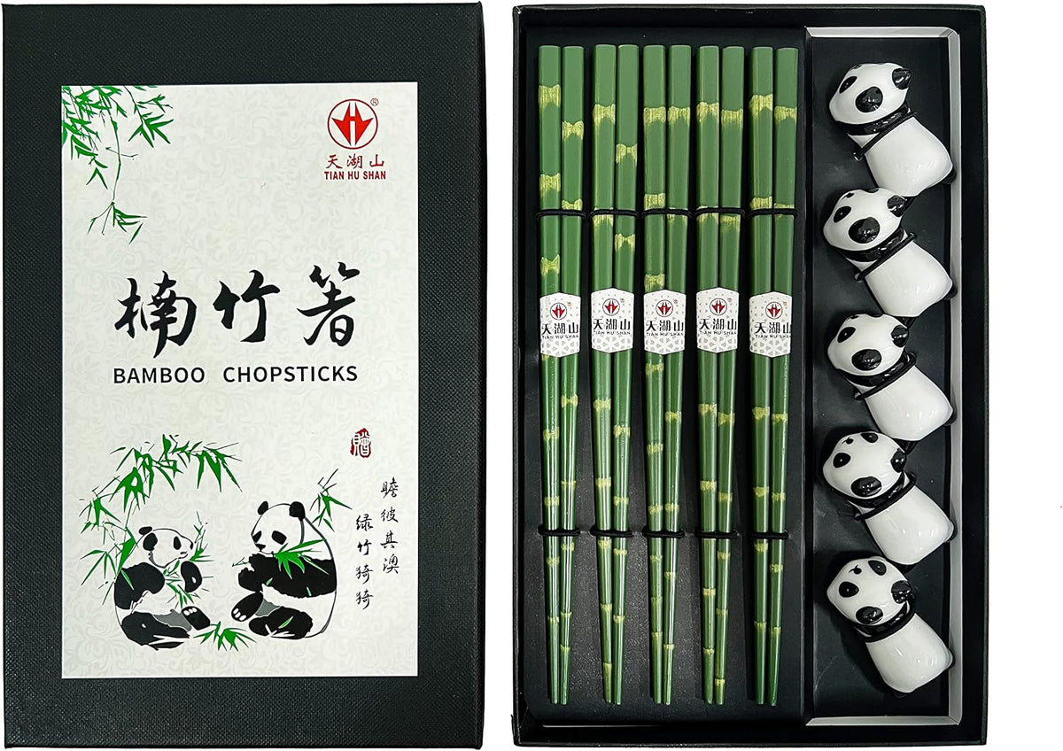 Wooden Chopsticks Reusable 5 Pairs Gift Set with 5pcs porcelain rest Panda and Green Bamboo Design Hand-Made 8.8 Inch/22.5cm