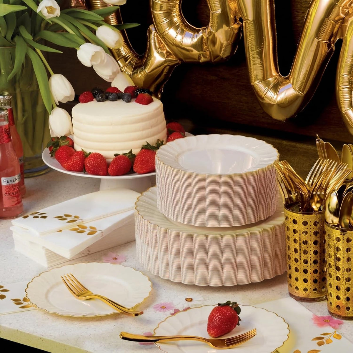 By Madee HEAVYWEIGHT Ivory Gold Scalloped Disposable Plates for Party 60 Pc