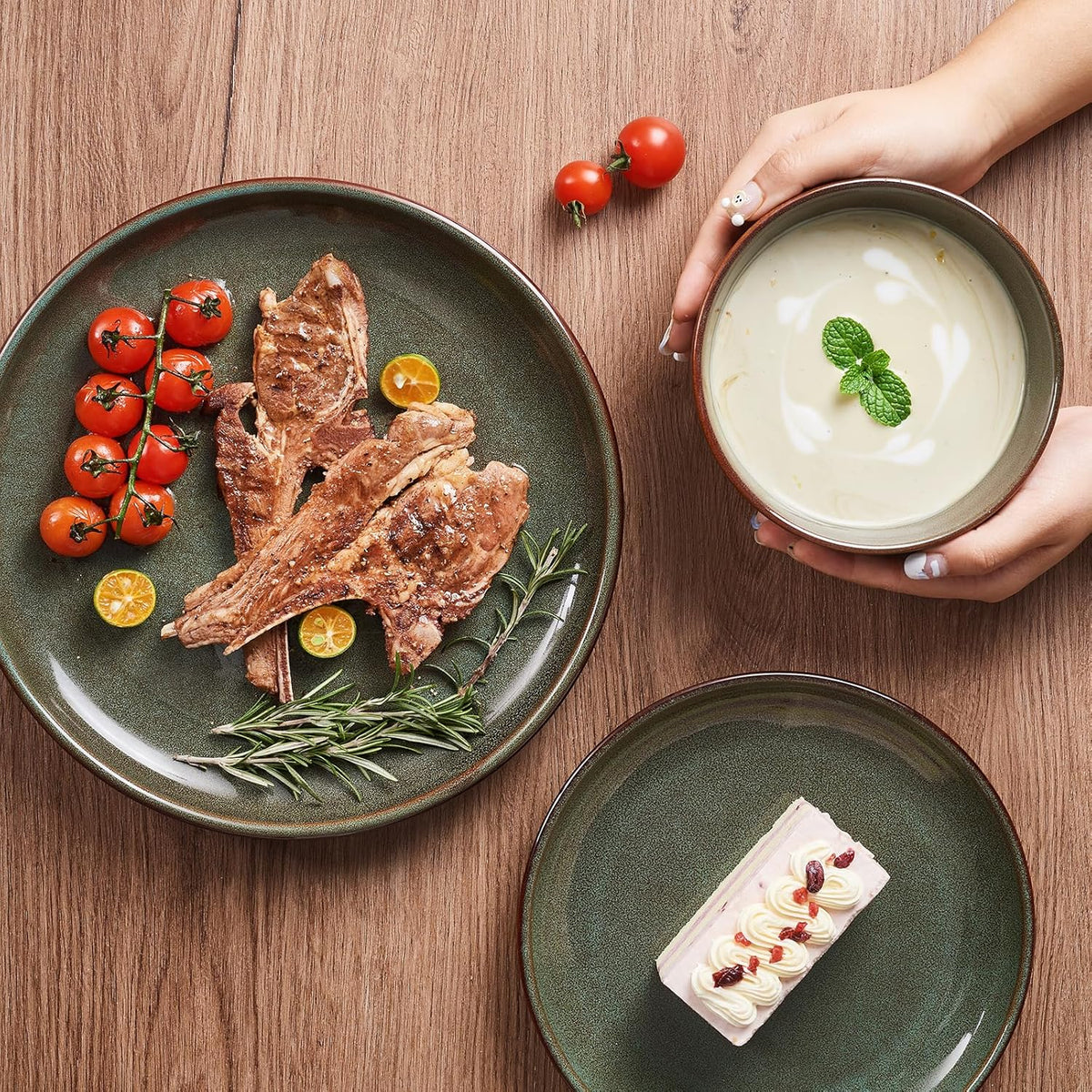 Pokini Stoneware Dinnerware Sets for 4, 12pcs Plates and Bowls Sets Dishes
