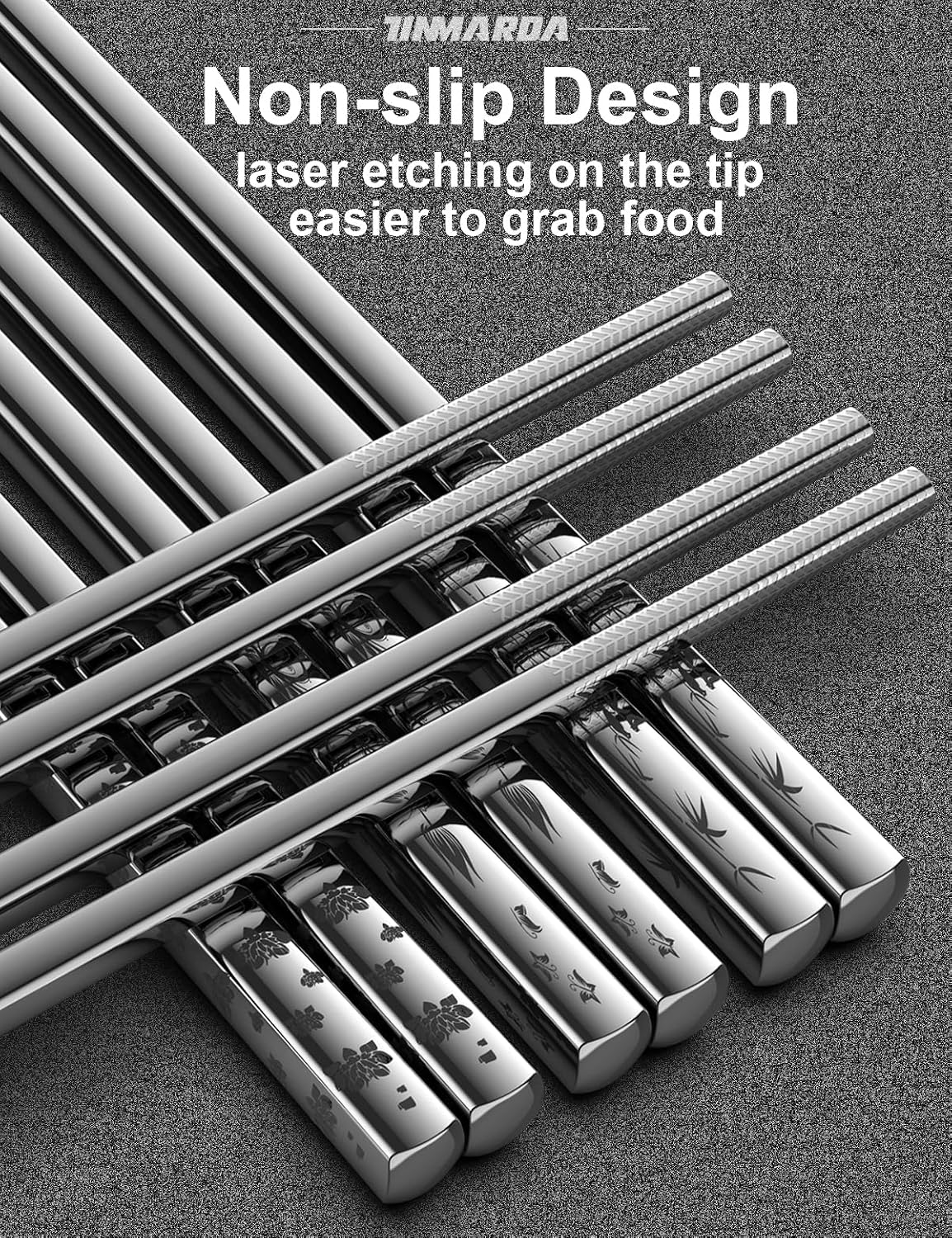 Metal Chopsticks Reusable 18/8 Stainless Steel Sleek Engraving Patterns Chop Sticks Reusable Dishwasher Safe Non-Slip Chopsticks+Flower Silver 5 Pairs
