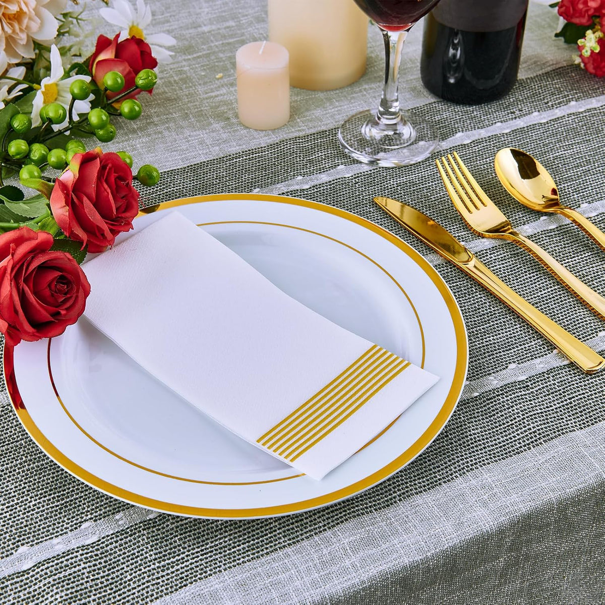 Vplus 100 Pack 10 in Gold Rimmed White Disposable Plastic Plates for Party