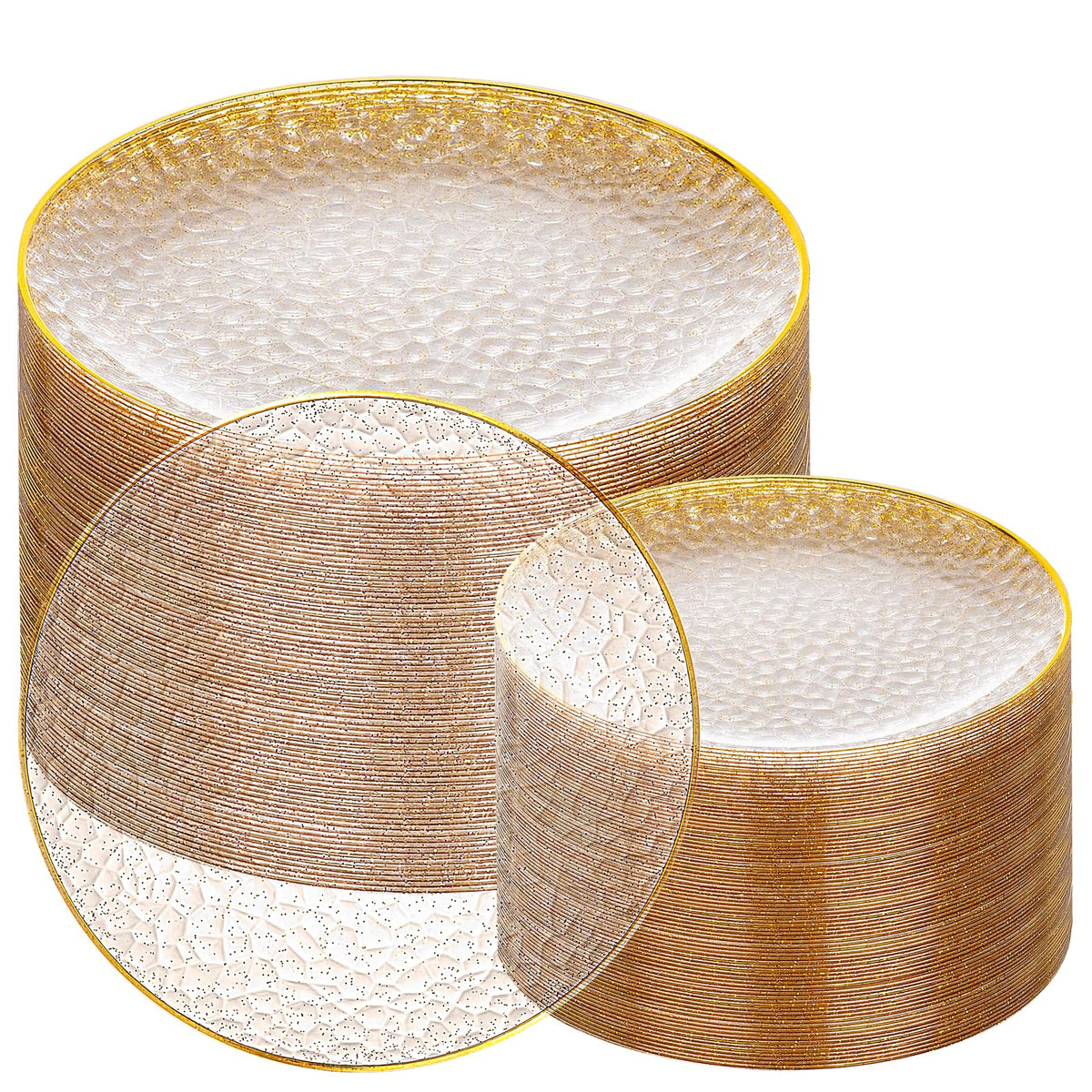 Rubtlamp 100Pcs Clear Gold Plastic Plates, Disposable Plates With Gold Rim, Heavy-duty Party Platos, Hammered Plastic Plates Include 50 Clear Dessert Plates, 50 Dinner Plates for Party