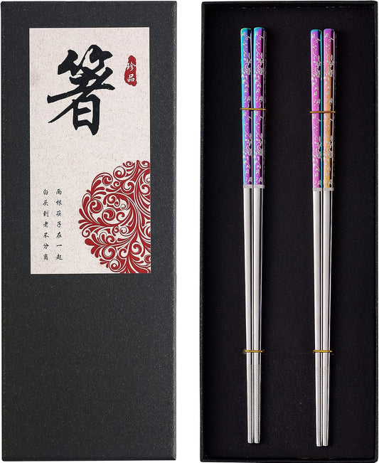 Metal Chopsticks Reusable Dazzling Rainbow Stainless Steel Chopsticks Titanium Plated Dishwasher Safe Fancy Laser Engraved Korean Japanese Chop Sticks Multicolor 2 Pairs Gift Set