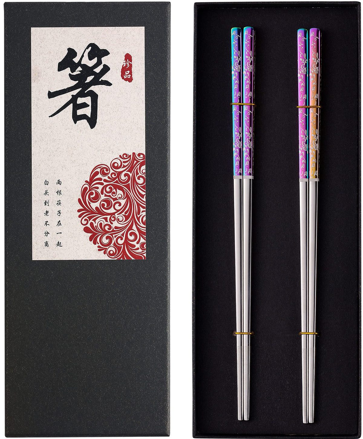 Stainless Steel Chopsticks Titanium Plated Metal Chopsticks Reusable Dishwasher safe Premium Japanese Korean Chopstick Laser Engraved Anti-slip Chop Sticks for Eating 2 Pairs Gift Set Black Silver