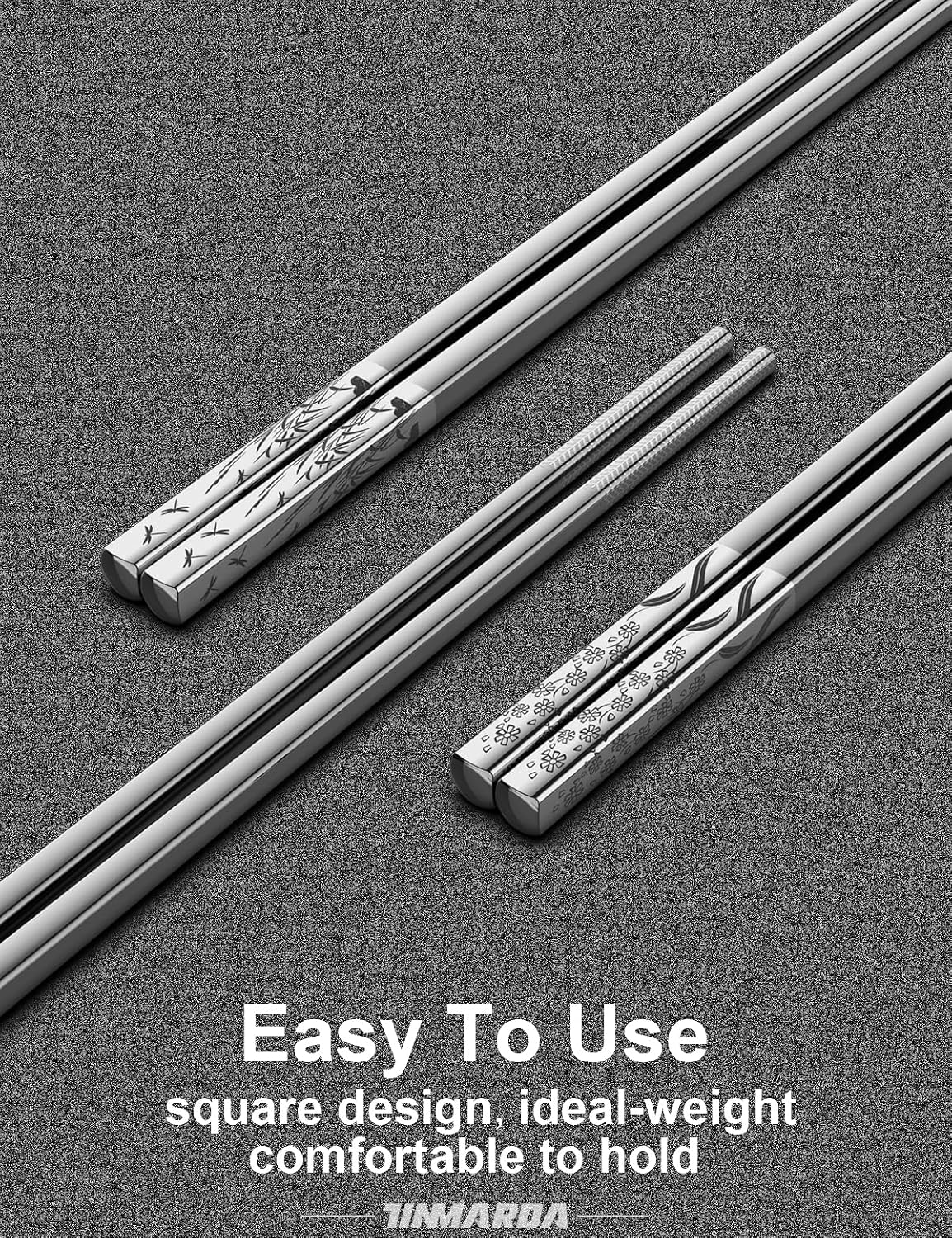 Metal Chopsticks Reusable 18/8 Stainless Steel Sleek Engraving Patterns Chop Sticks Reusable Dishwasher Safe Non-Slip Chopsticks+Flower Silver 5 Pairs