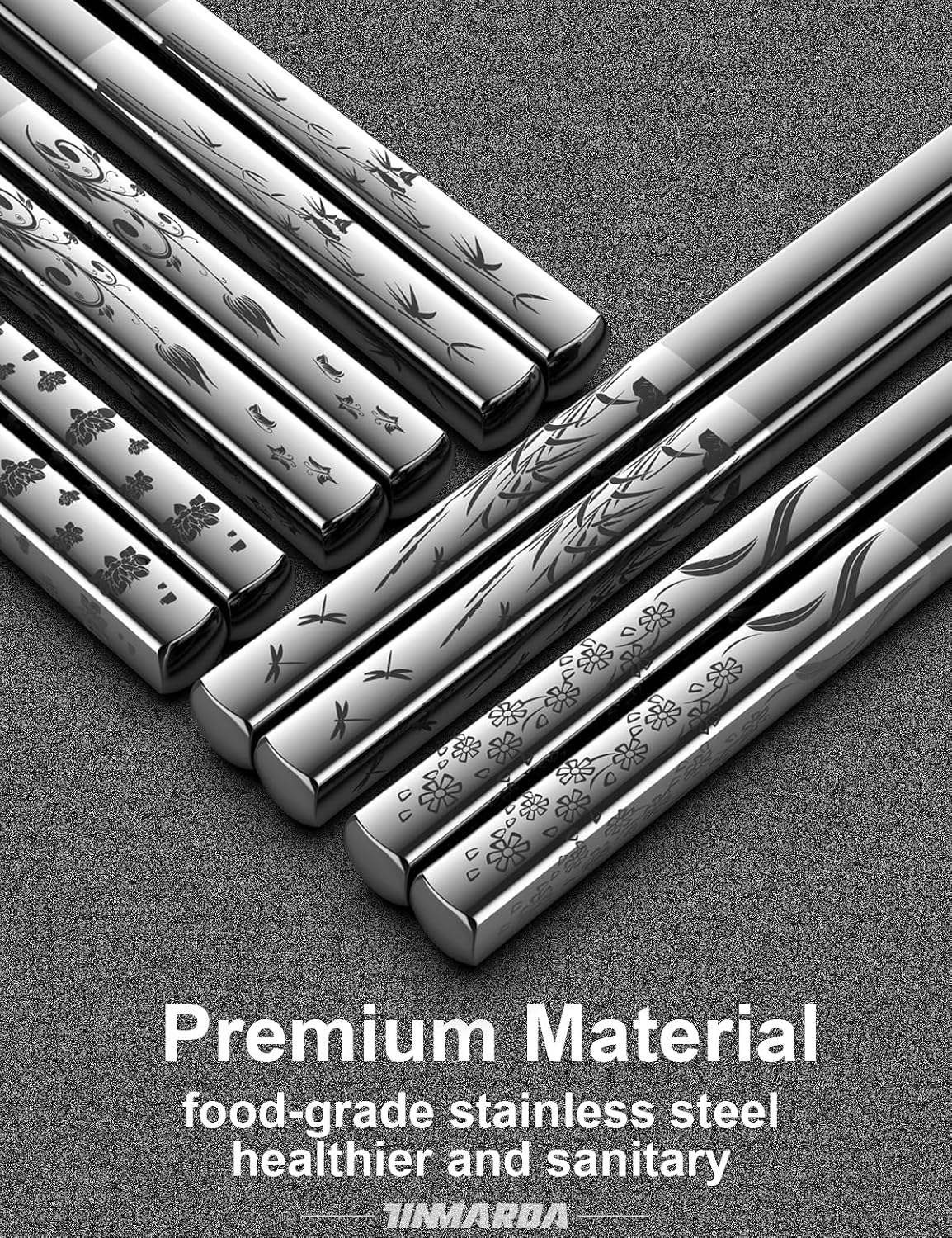 Metal Chopsticks Reusable 18/8 Stainless Steel Sleek Engraving Patterns Chop Sticks Reusable Dishwasher Safe Non-Slip Chopsticks+Flower Silver 5 Pairs