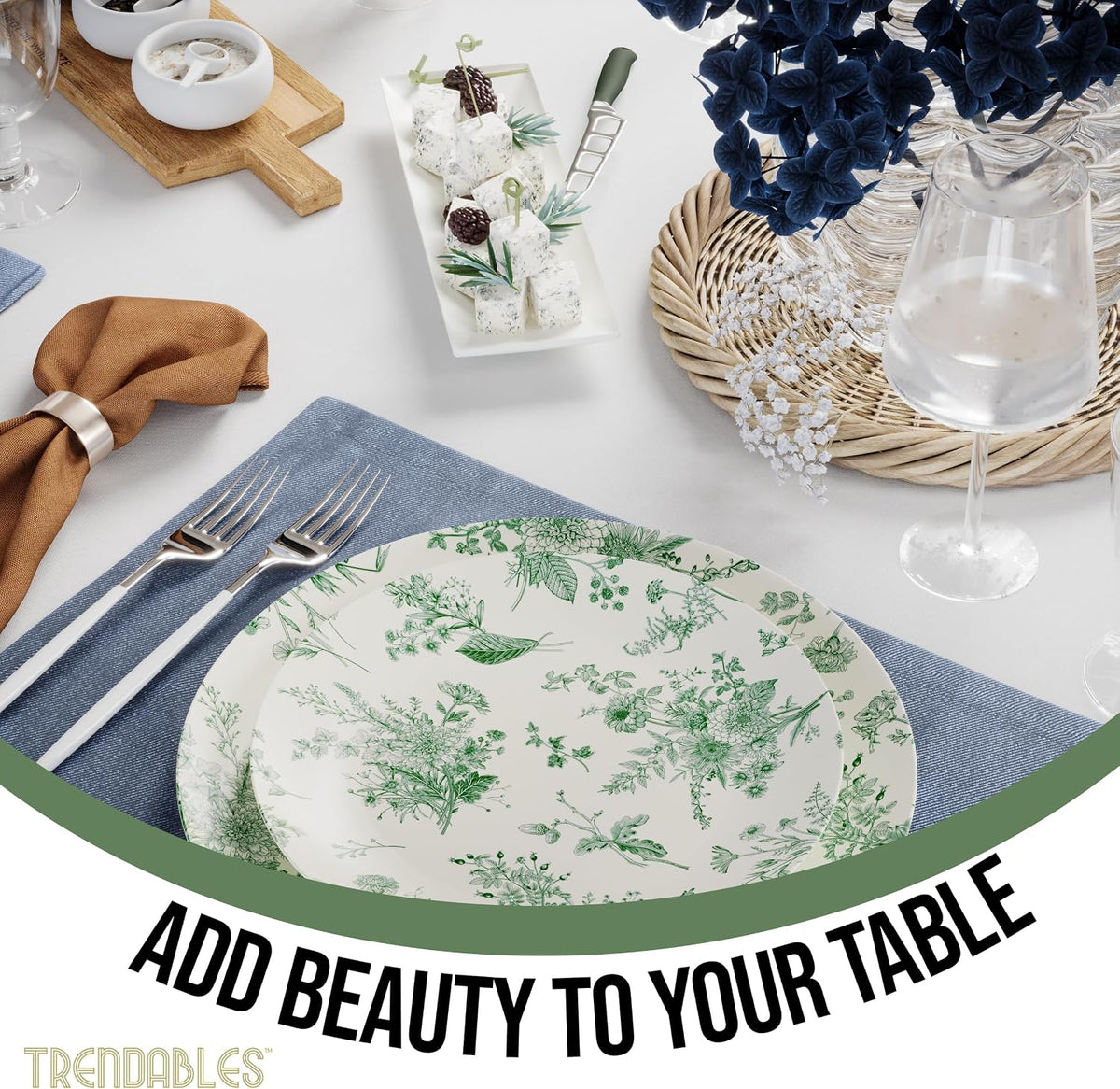 Trendables 80 Piece Plastic Disposable Plates Set for 40 Guests I 40 X 8 Inch Dessert Plates & 40 X 10 Inch Wedding Party Plates | Ivory & Green Verdure Design