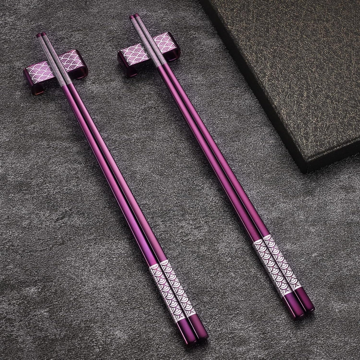 Metal Chopsticks Reusable 2 Pairs Titanium Stainless Steel 18/8 Chopsticks with Holder, Dishwasher Safe Lightweight Japanese Style Chopsticks Gift Set (Purple)