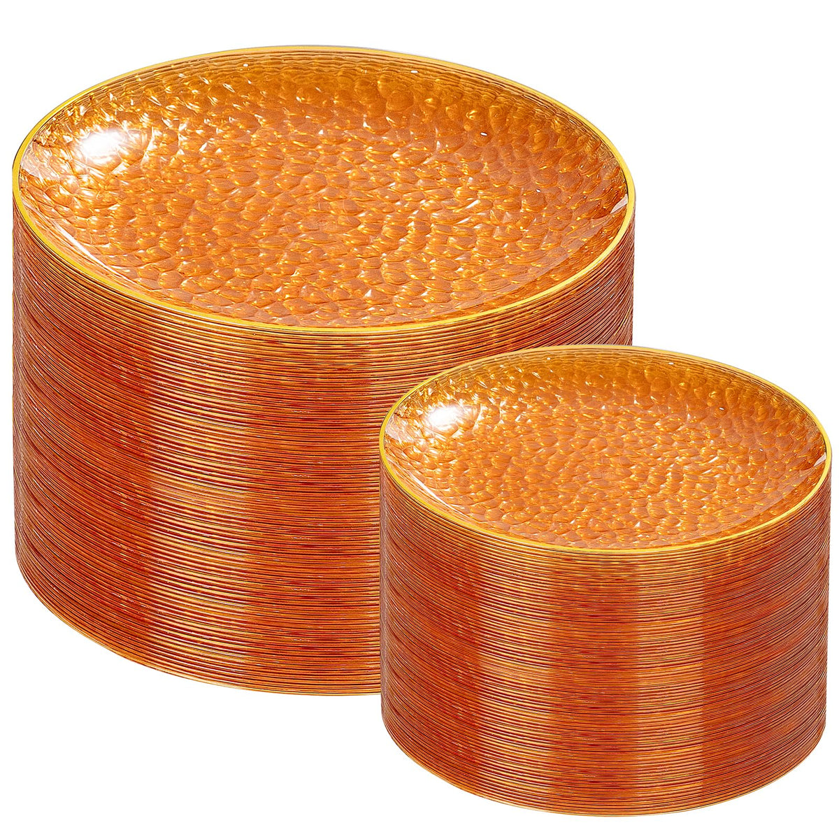 Rubtlamp 100Pcs Clear Gold Plastic Plates, Disposable Plates With Gold Rim, Heavy-duty Party Platos, Hammered Plastic Plates Include 50 Clear Dessert Plates, 50 Dinner Plates for Party