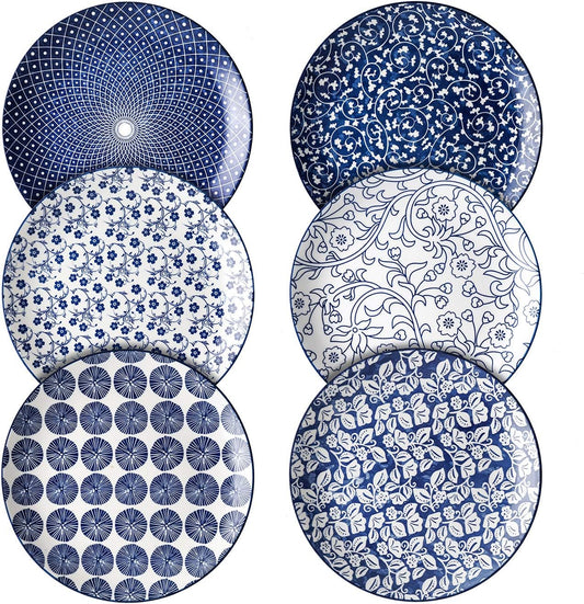 Selamica 10 inch Porcelain Dinner Plates, Large Size Ceramic Plates for Salad, Pancakes, Scratch Resistant, Microwave, Oven and Dishwasher Safe Plates Set of 6, Vintage Blue