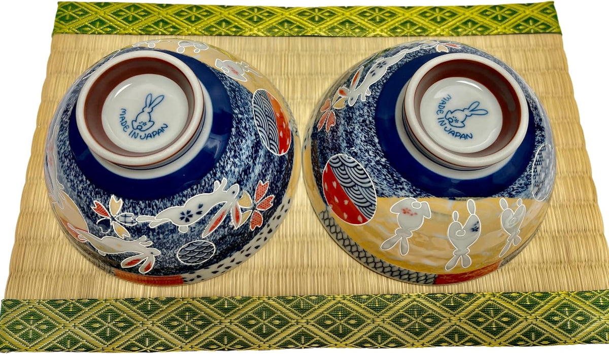 Japanese Mino Ware Ceramic Rice Bowl Set, 4.84 Inches Diameter x H2.56 Inches, 13.3 Fluid Ounces Set of 2 from Japan (Rabbits and Flowers Design)