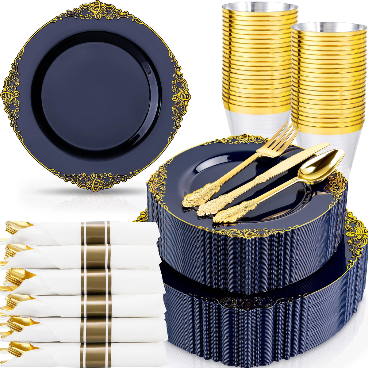 Nervure 350Pcs Gold Plastic Plates, Disposable Dinnerware Set for 50 Guests