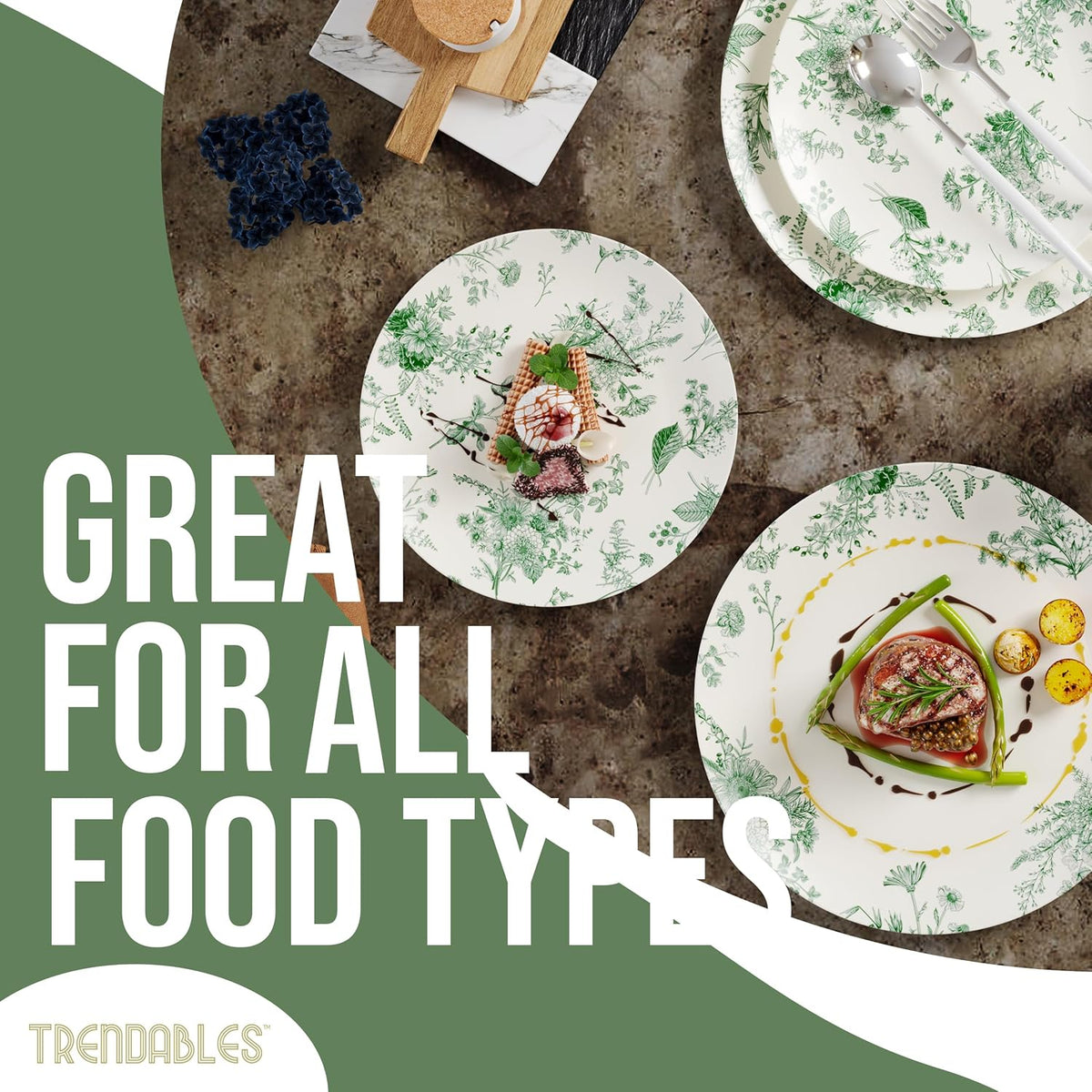 Trendables 80 Piece Plastic Disposable Plates Set for 40 Guests I 40 X 8 Inch Dessert Plates & 40 X 10 Inch Wedding Party Plates | Ivory & Green Verdure Design