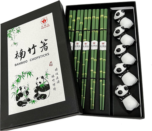 Wooden Chopsticks Reusable 5 Pairs Gift Set with 5pcs porcelain rest Panda and Green Bamboo Design Hand-Made 8.8 Inch/22.5cm