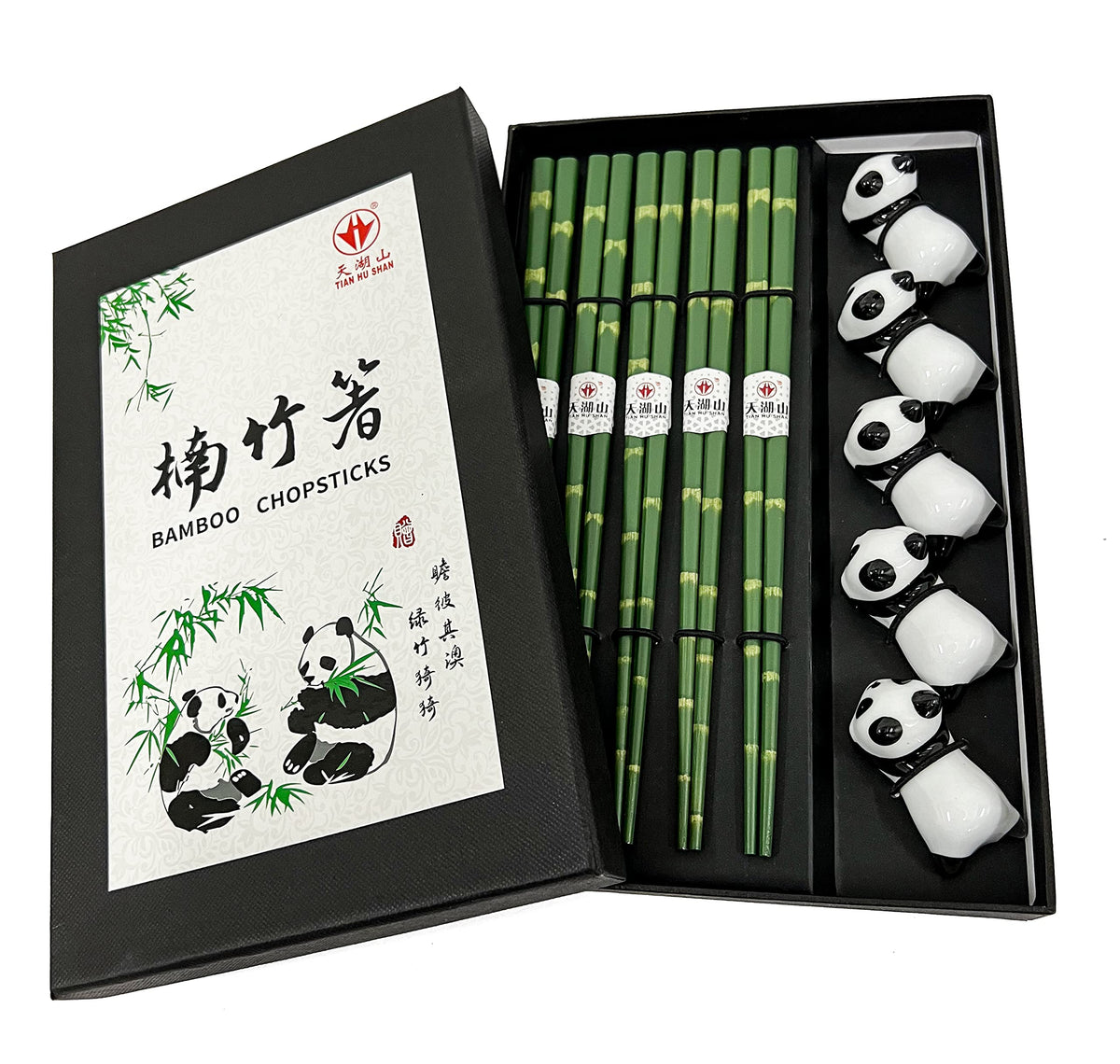 Wooden Chopsticks Reusable 5 Pairs Gift Set with 5pcs porcelain rest Panda and Green Bamboo Design Hand-Made 8.8 Inch/22.5cm